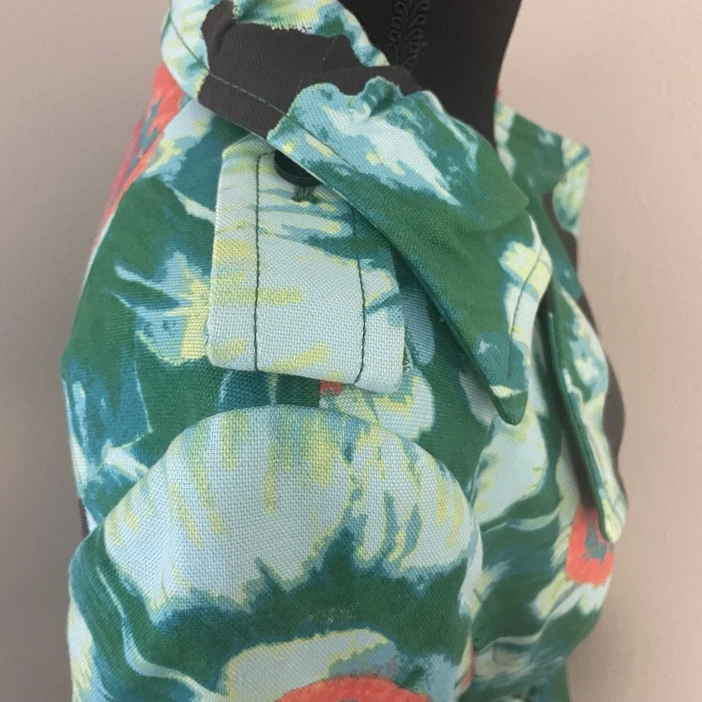 BANANA REPUBLIC Sz S Floral Belted Trench Coat Green Multicolor Double‎ Breasted